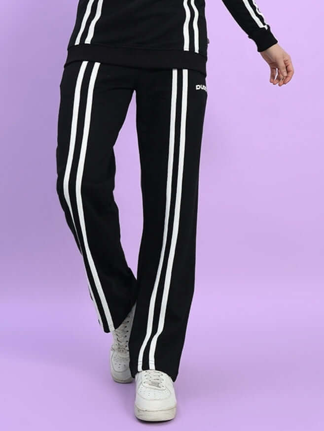 Black Outlook 2 Stripe Jogger by DUDS, featuring white stripes and customizable fit options, designed by experienced tailors.
