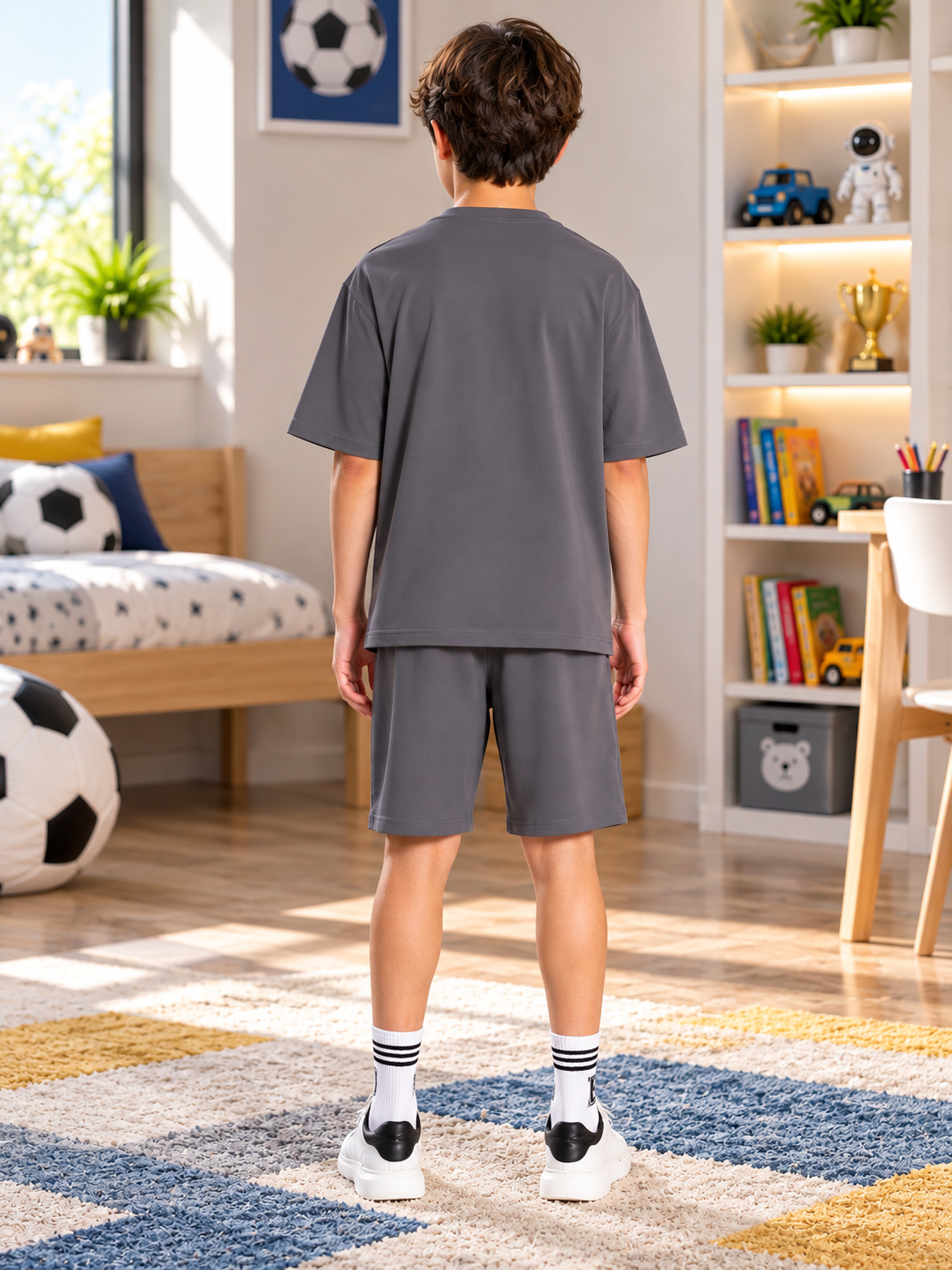 OUTLOOK HALF CO-ORD FOR BOYS GIRLS GREY - rear view on kid in cozy bedroom with soccer decor