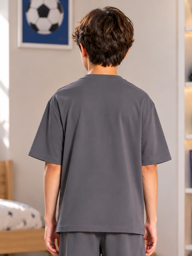 OUTLOOK T-SHIRT FOR BOYS GIRLS GREY - back view showing relaxed fit and soft cotton fabric for everyday comfort