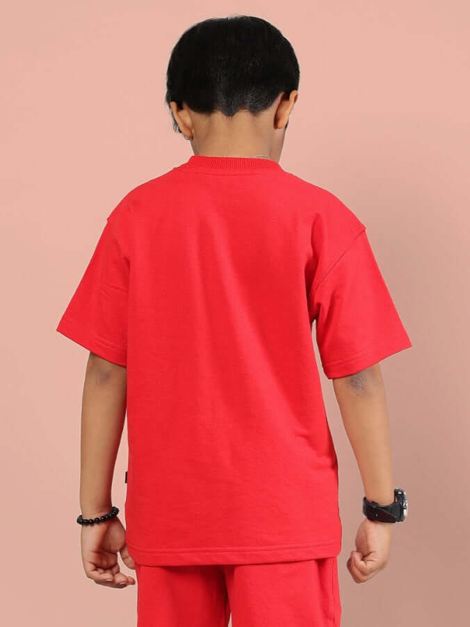 Rear view of child wearing OUTLOOK T-SHIRT FOR BOYS GIRLS RED, showcasing soft, breathable fabric and regular fit design.