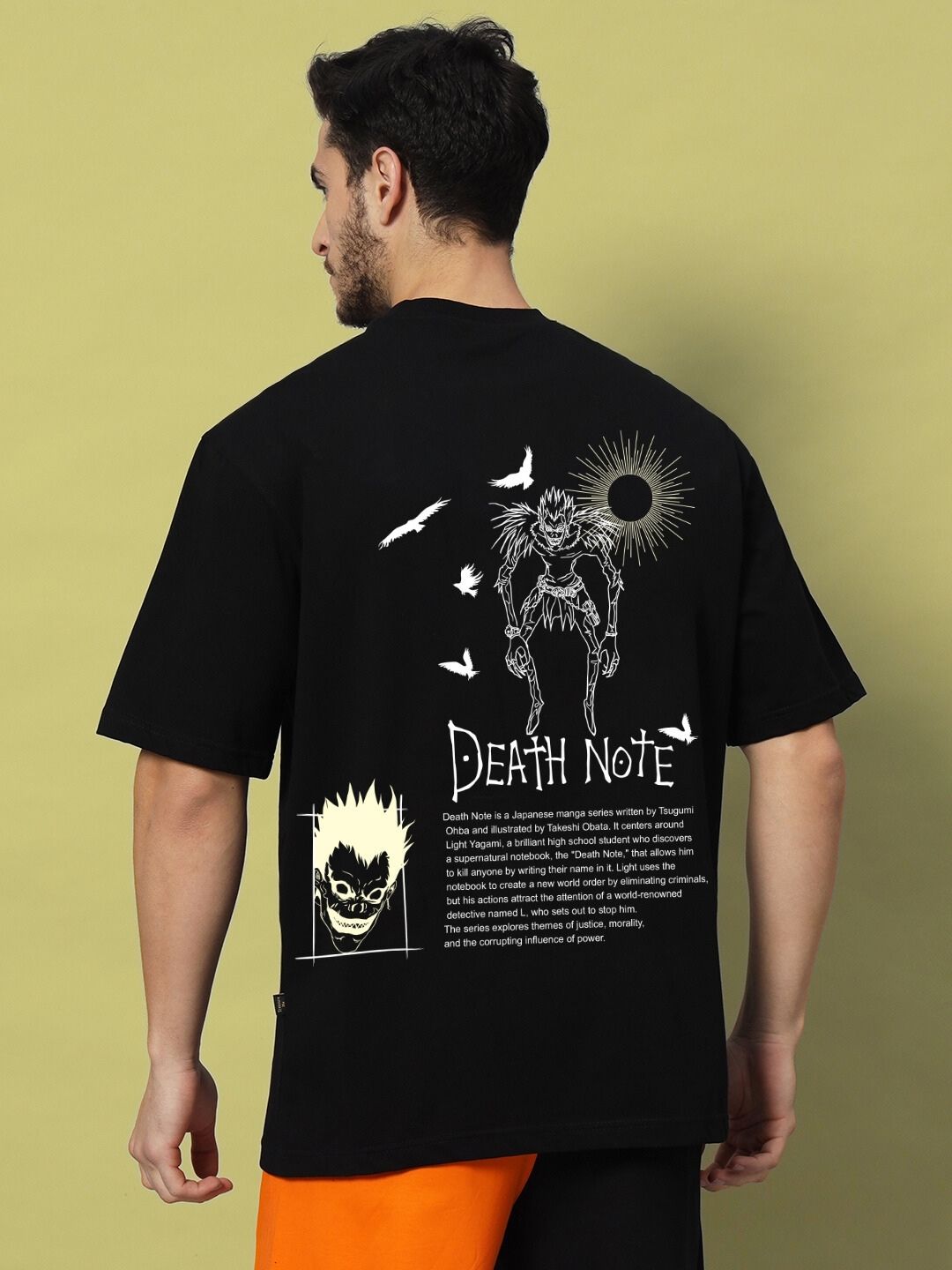 Back view of FOLLOW LIFE OVERSIZED T-SHIRT BLACK featuring Death Note graphic design in black and white.