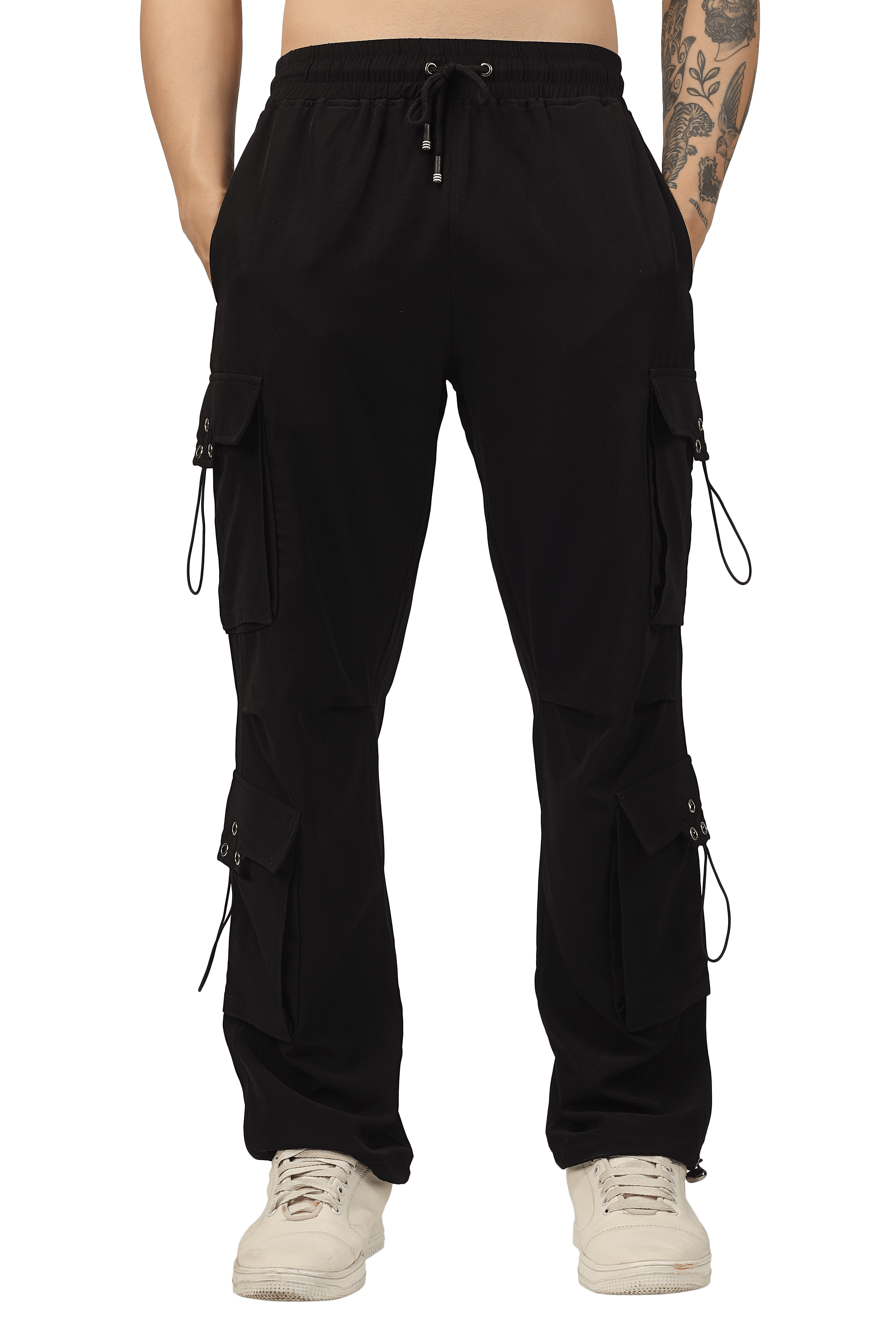 Men's black parachute cargo pants with customizable sizing option.