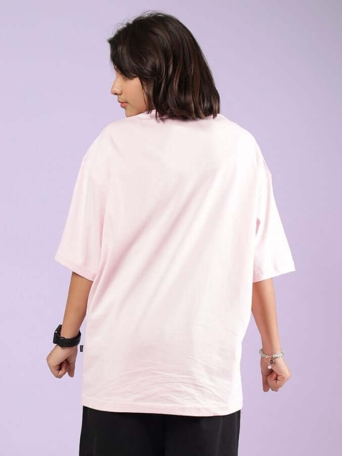 Back view of Happy Interesting Oversized T-Shirt for Boys and Girls Pink, showing soft premium cotton fabric and relaxed fit.