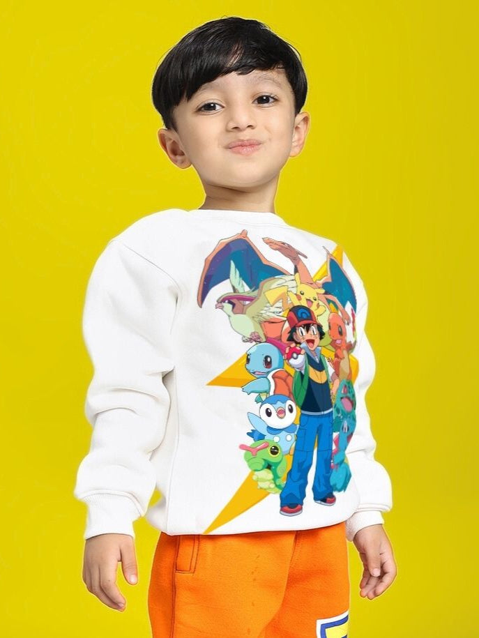 Child wearing POKEMON TOON FLEECE SWEATSHIRT FOR BOYS AND GIRLS OFF-WHITE with colorful Pokemon characters on yellow background
