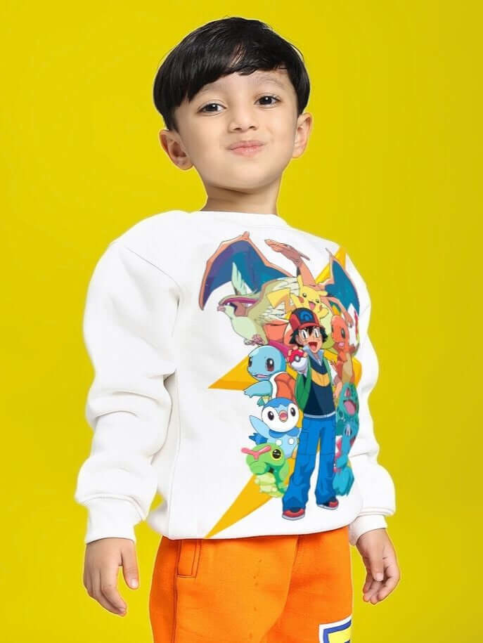 Child wearing POKEMON TOON FLEECE SWEATSHIRT FOR BOYS AND GIRLS OFF-WHITE with colorful Pokemon characters on yellow background