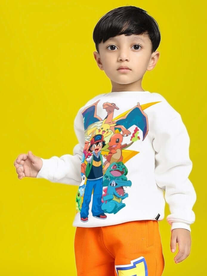 Child wearing a POKEMON TOON FLEECE SWEATSHIRT FOR BOYS AND GIRLS OFF-WHITE featuring colorful Pokemon characters on a yellow background.