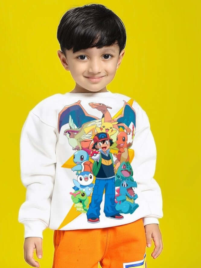 Child wearing POKEMON TOON FLEECE SWEATSHIRT FOR BOYS AND GIRLS OFF-WHITE with colorful Pokemon characters graphic against yellow background.
