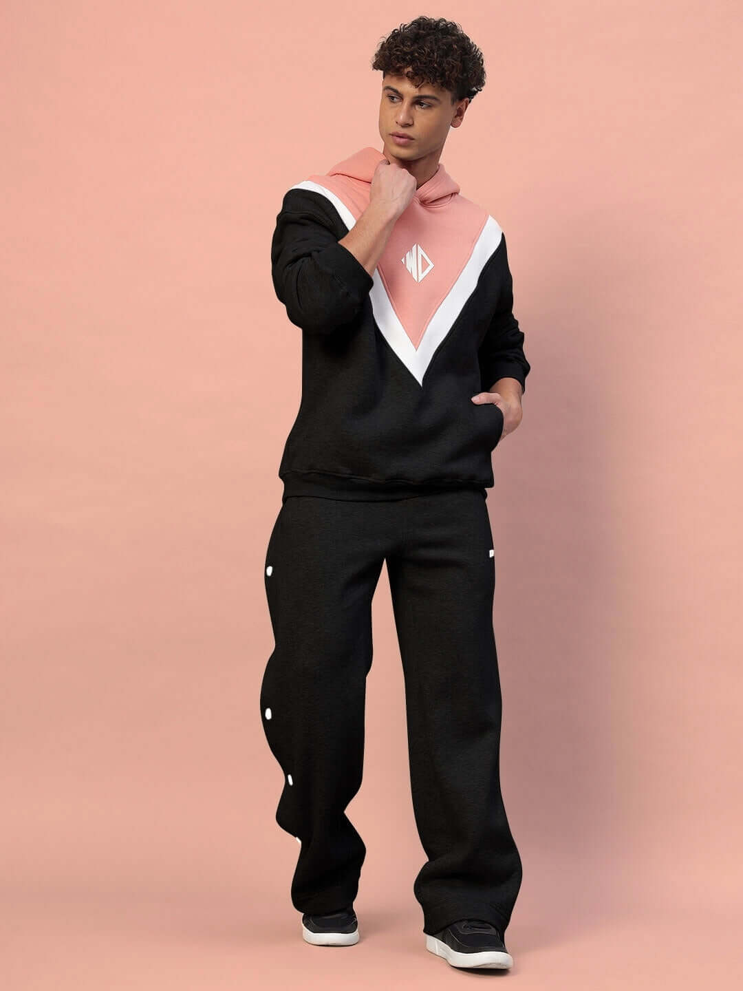POLAR COLORBLOCK CO-ORD BLACK PEACH stylish fleece set with black and peach colorblock design for modern streetwear.