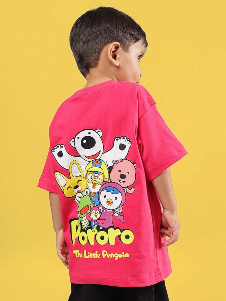 Child wearing a Pororo Oversized T-Shirt for Boys Girls Pink with cartoon characters on the back.