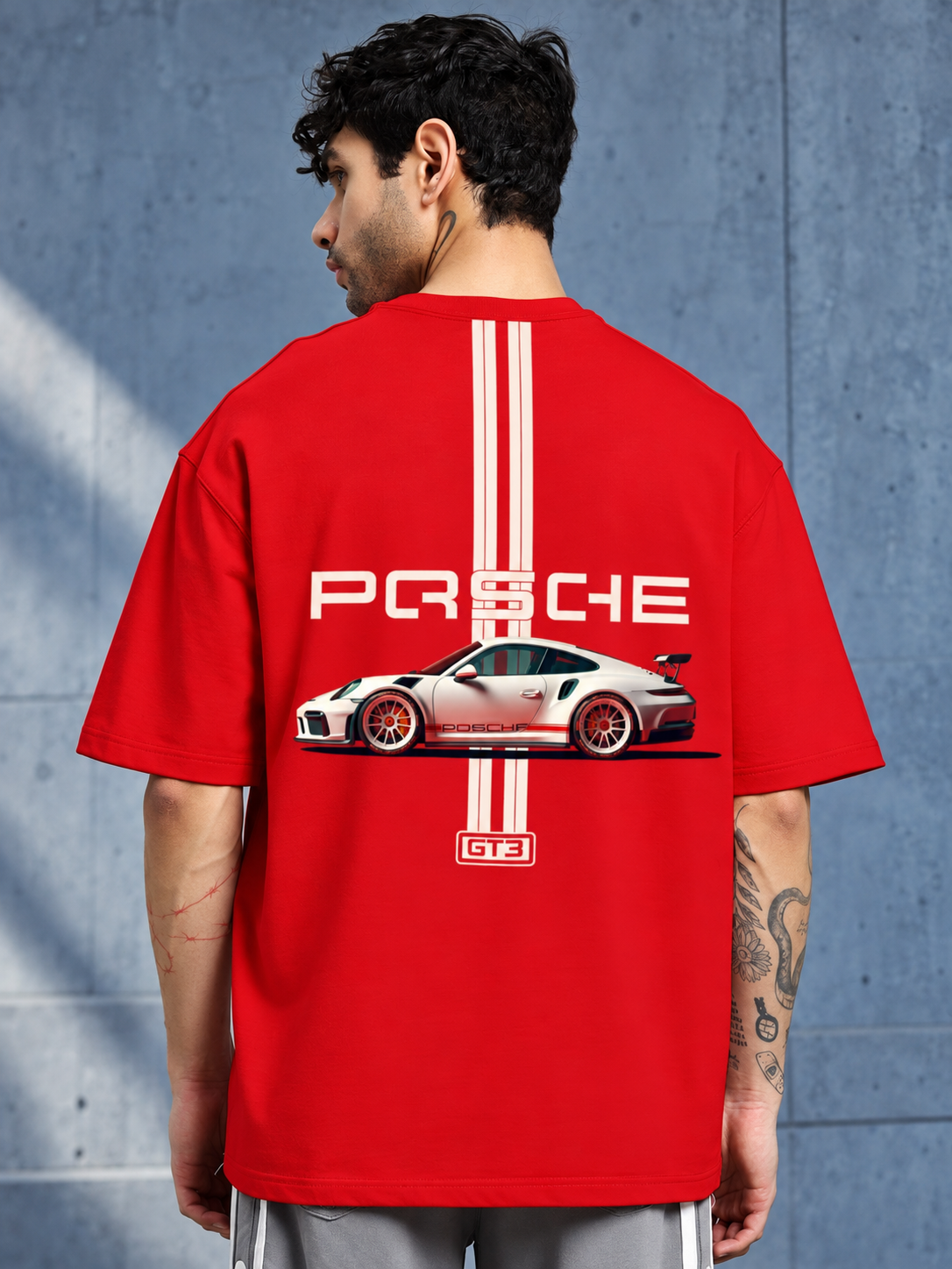 PORSCHE PRINTED OVER-SIZED T-SHIRT RED