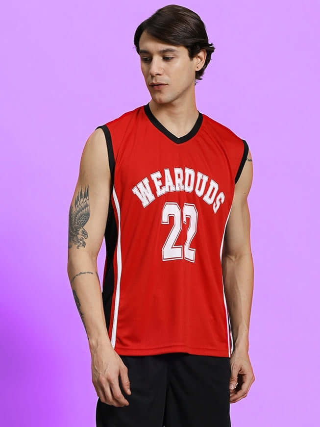 Alt Tag: PORTIA GYM SLEEVELESS T-SHIRT RED on a person with sleeves featuring 'WEARDUDS 22', athletic wear for custom fit orders