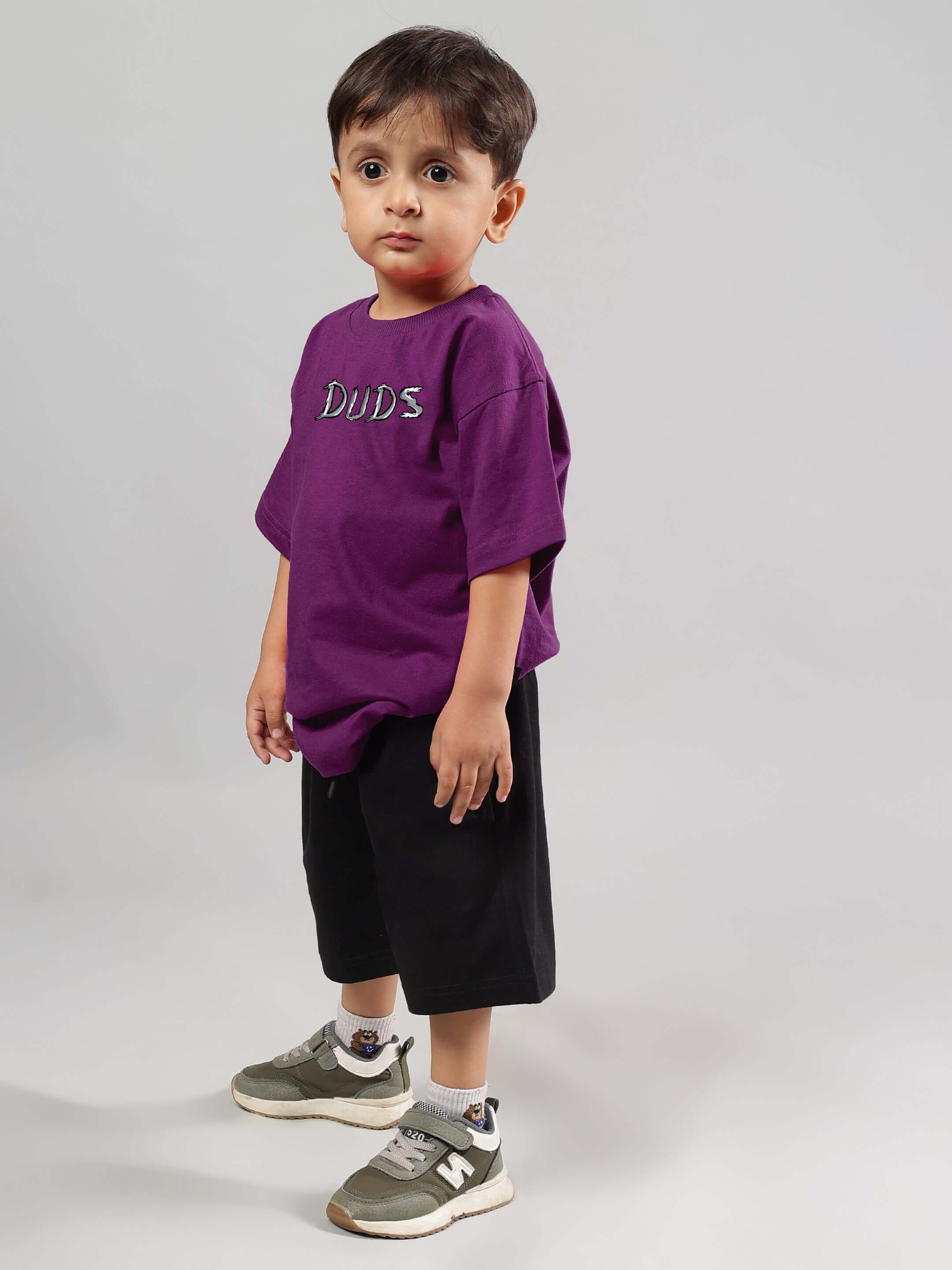 POSITIVE RABBIT KIDS CO-ORD FOR BOYS GIRLS PURPLE-BLACK outfit with purple top and black shorts, ideal for casual outings.