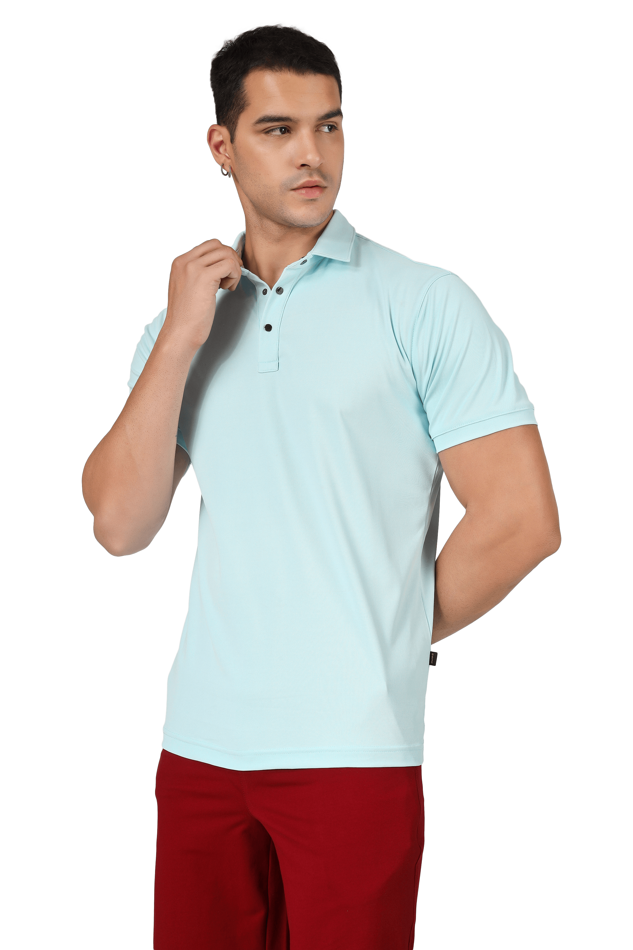 Model wearing powder blue polo neck T-shirt with half sleeves, metal button, and superior stretch fabric. Perfect for all-day wear.