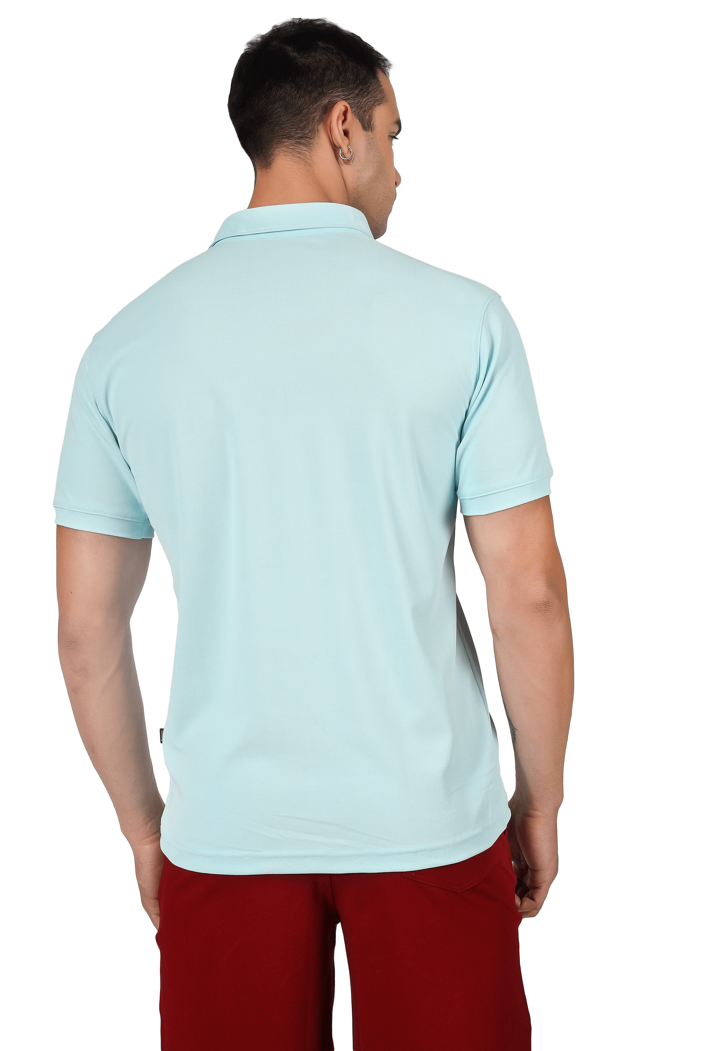 Back view of a model wearing a powder blue polo neck t-shirt, half sleeves, slim fit, 100% polyester. Ideal for comfort and style.