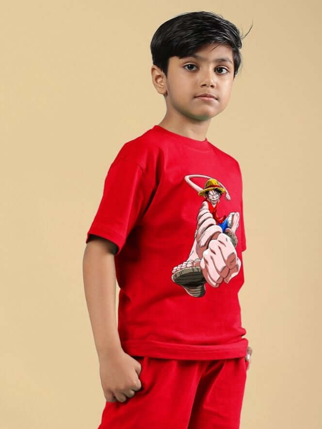 Child wearing Power Punch T-Shirt for Boys and Girls Red with graphic design, showcasing bold style and comfort.