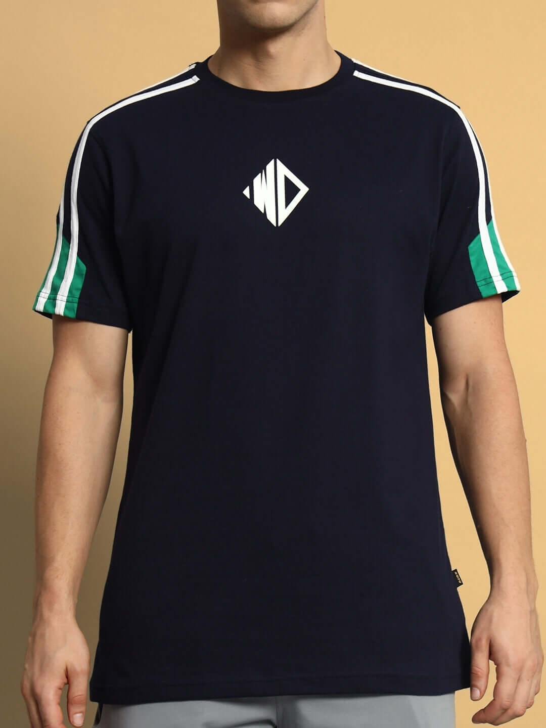 Navy blue-green PRIMA regular t-shirt with white and green stripes, made from premium cotton French Terry, worn by a male model.
