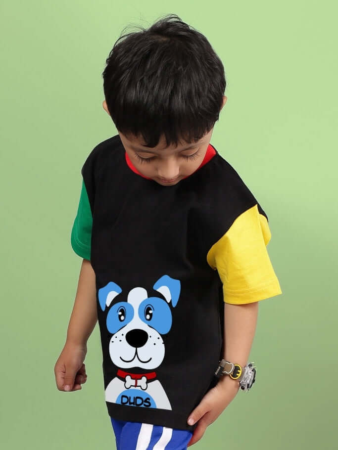 Child wearing PUPPY DOG PRINTRD T-SHIRT FOR BOYS GIRLS BLACK with colorful sleeves and cute puppy graphic, ideal for young animal lovers.