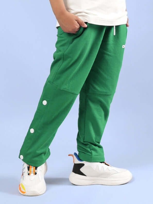 RACER JOGGER FOR BOYS & GIRLS GREEN with button details, comfortable fit, perfect for casual wear.