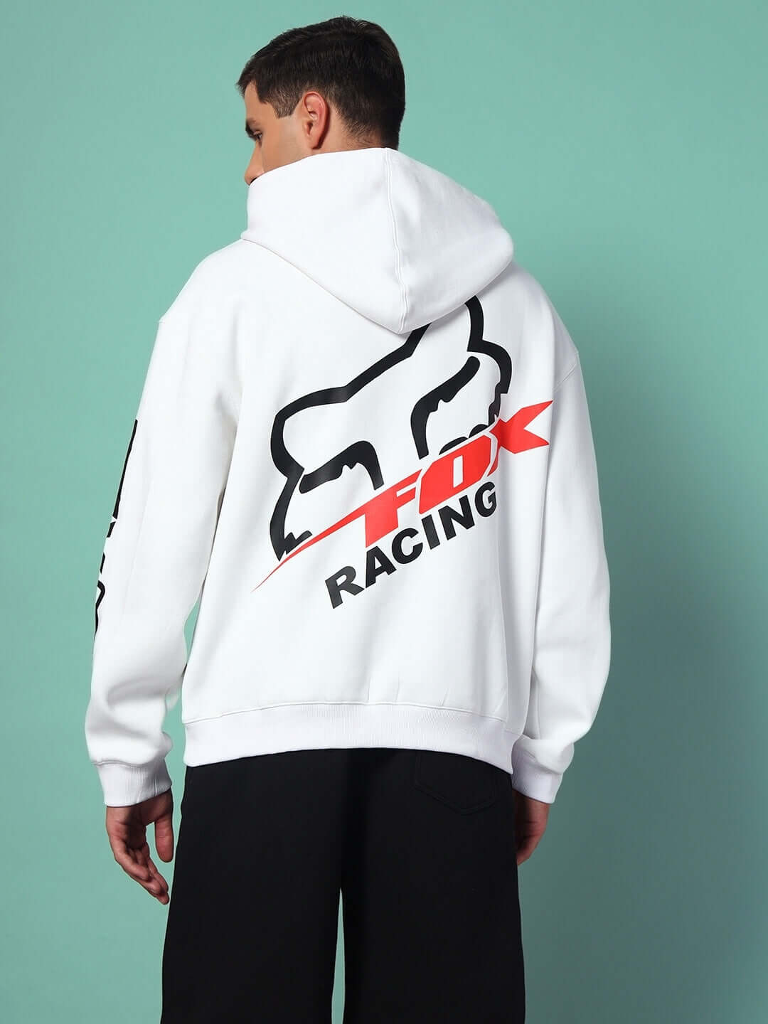 Back view of RACING FOX FLEECE CO-ORD WHITE BLACK with logo design