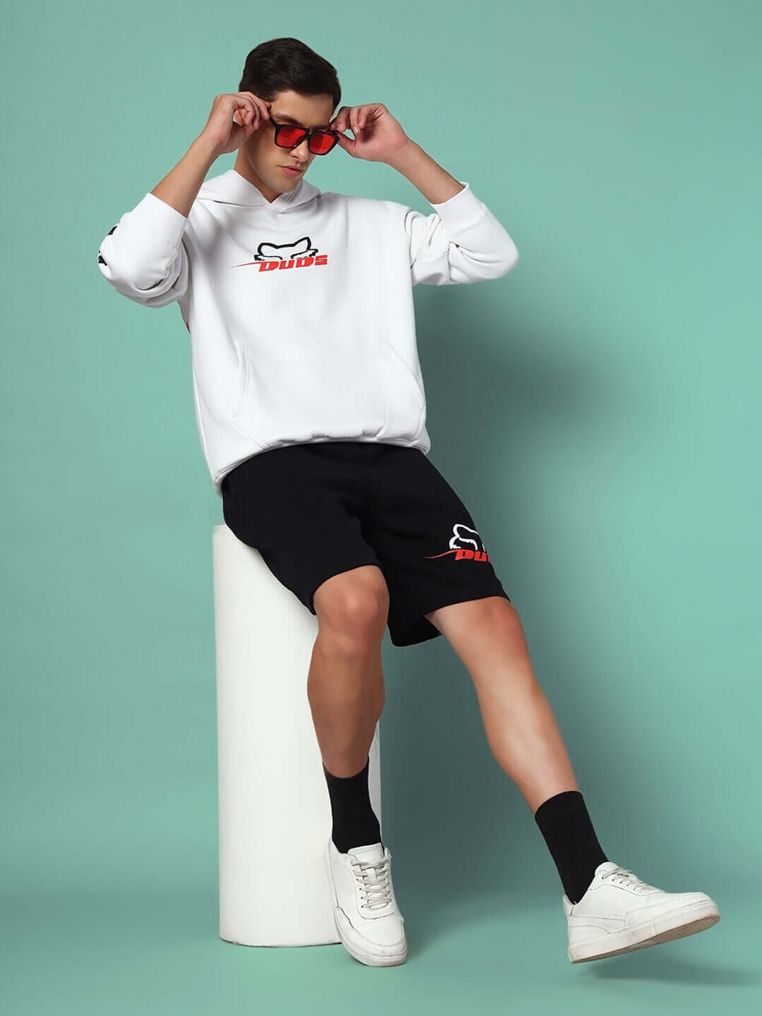RACING FOX FLEECE CO-ORD WHITE BLACK worn by model in stylish streetwear pose