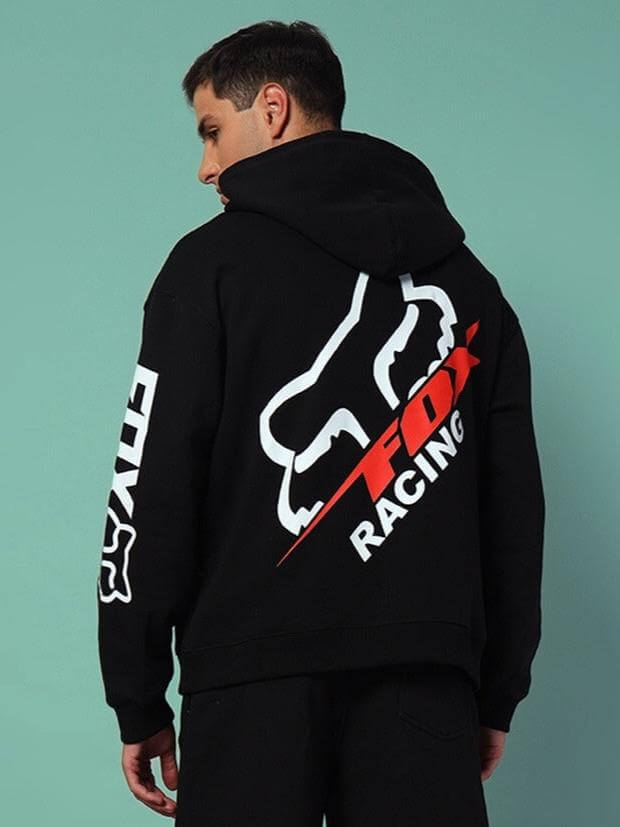 RACING FOX COTTON FLEECE HOODIE BLACK with bold Racing Fox design, featuring roomy hood and streetwear-inspired vibe, back view