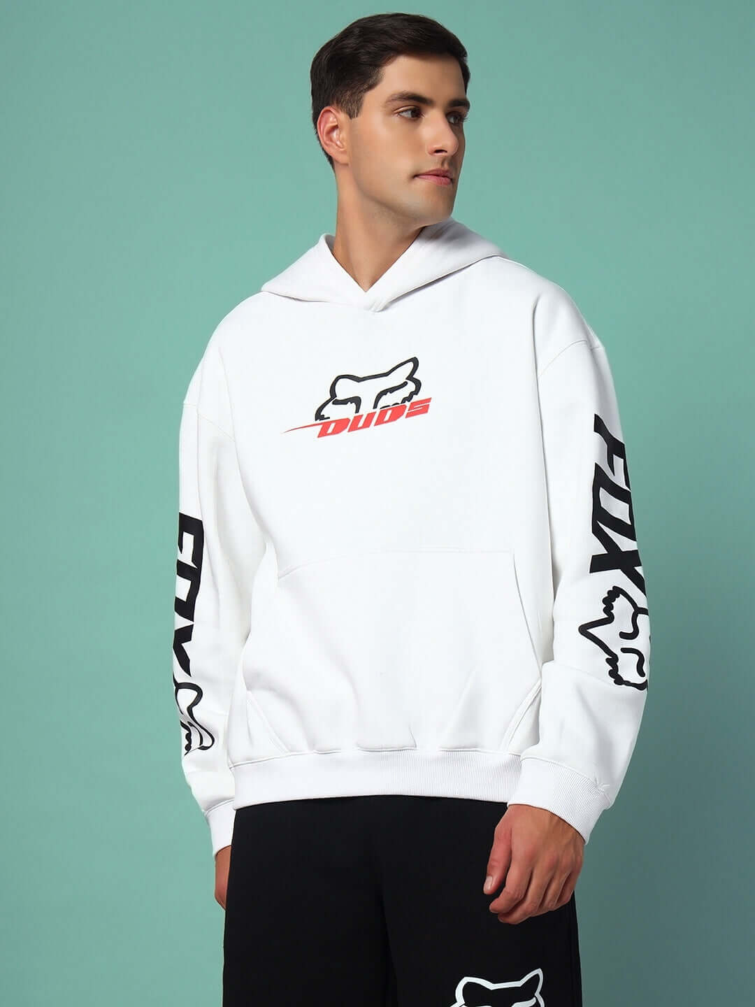 RACING FOX COTTON FLEECE HOODIE WHITE featuring sporty design and premium fleece texture, perfect for contemporary streetwear style.