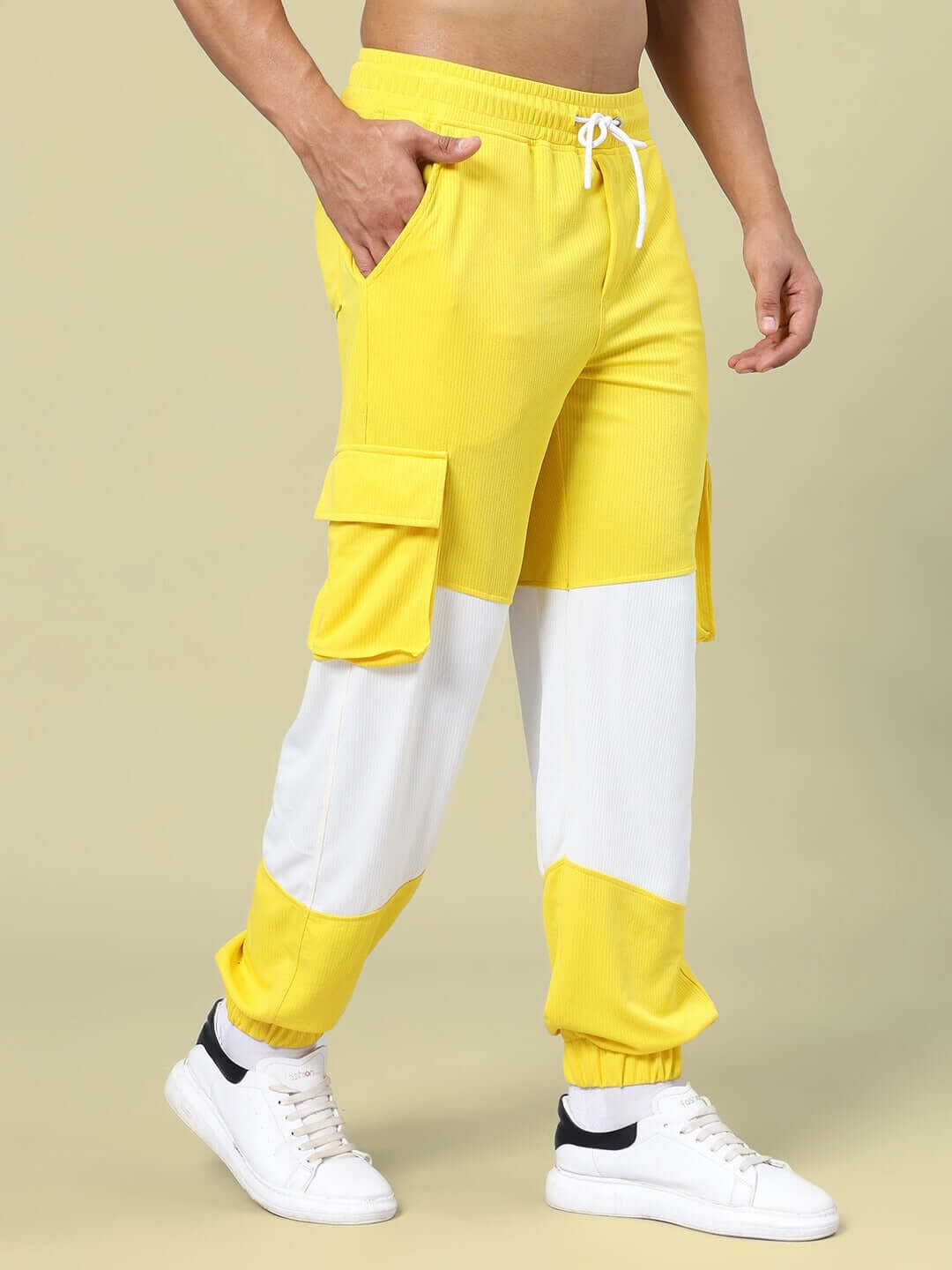 RADIANT RELAXED FIT JOGGERS YELLOW WHITE with pockets, made to order, customizable size for perfect fit