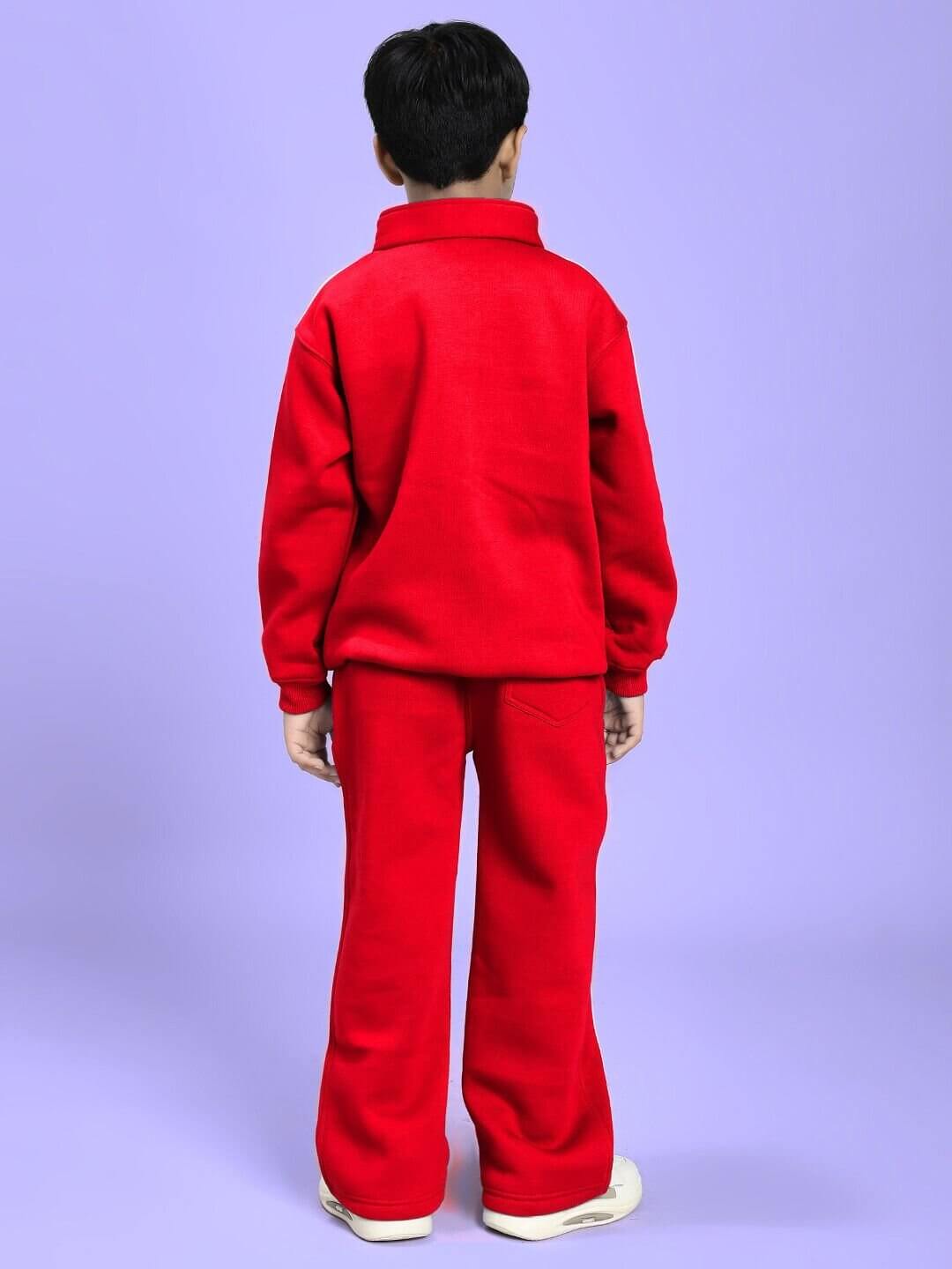 Child wearing RAPID STRIDE FLEECE CO-ORD FOR BOYS AND GIRLS RED, showing back view with red jacket and joggers.