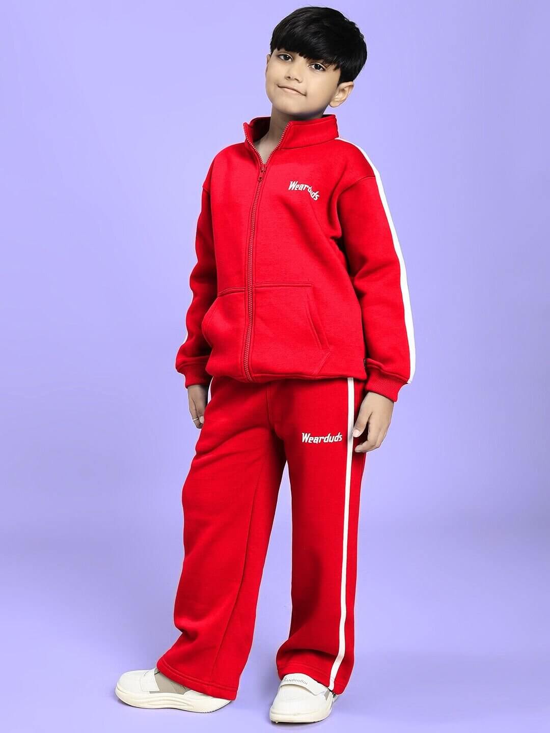 Child wearing the RAPID STRIDE FLEECE CO-ORD FOR BOYS AND GIRLS RED, featuring a stylish red fleece jacket and joggers set.