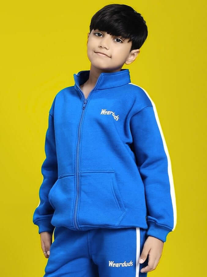 Child wearing the Rapid Stride Fleece Jacket for Boys and Girls Royal Blue, showcasing sporty streetwear style with comfort.