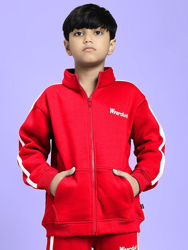 Child wearing RAPID STRIDE FLEECE JACKET FOR BOYS AND GIRLS RED, sporty style with sleek finish