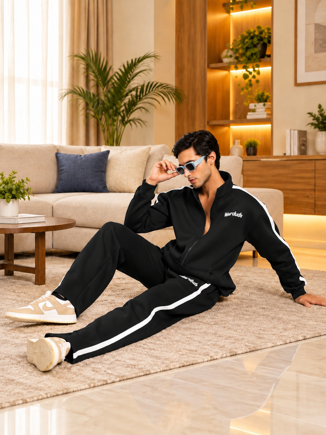 Man wearing RAPID STRIDE FLEECE JOGGER BLACK tracksuit with white stripes, sunglasses, and sneakers in a stylish living room