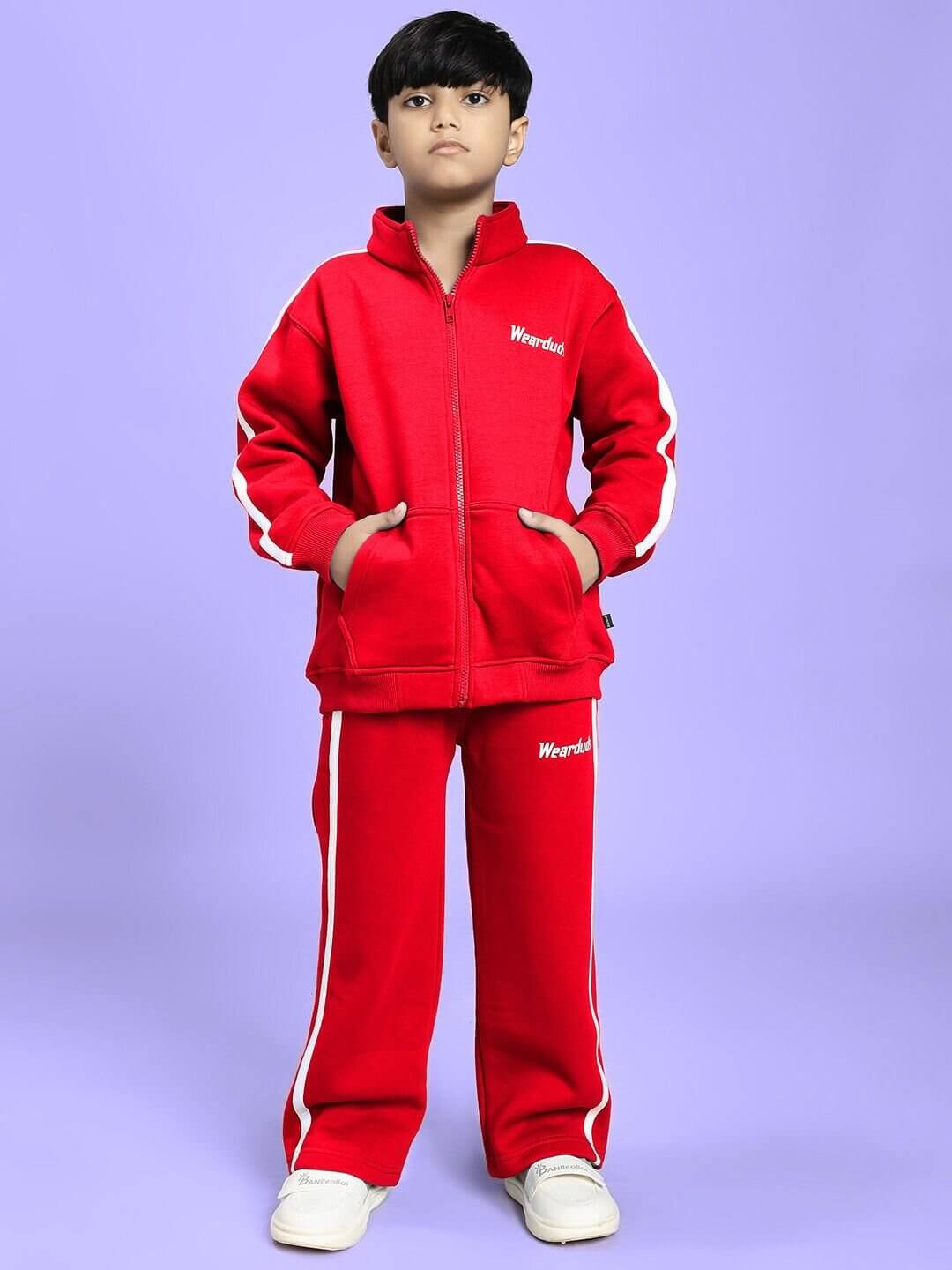 Child wearing RAPID STRIDE FLEECE CO-ORD FOR BOYS AND GIRLS RED, featuring a sporty red jacket and joggers for active kids.