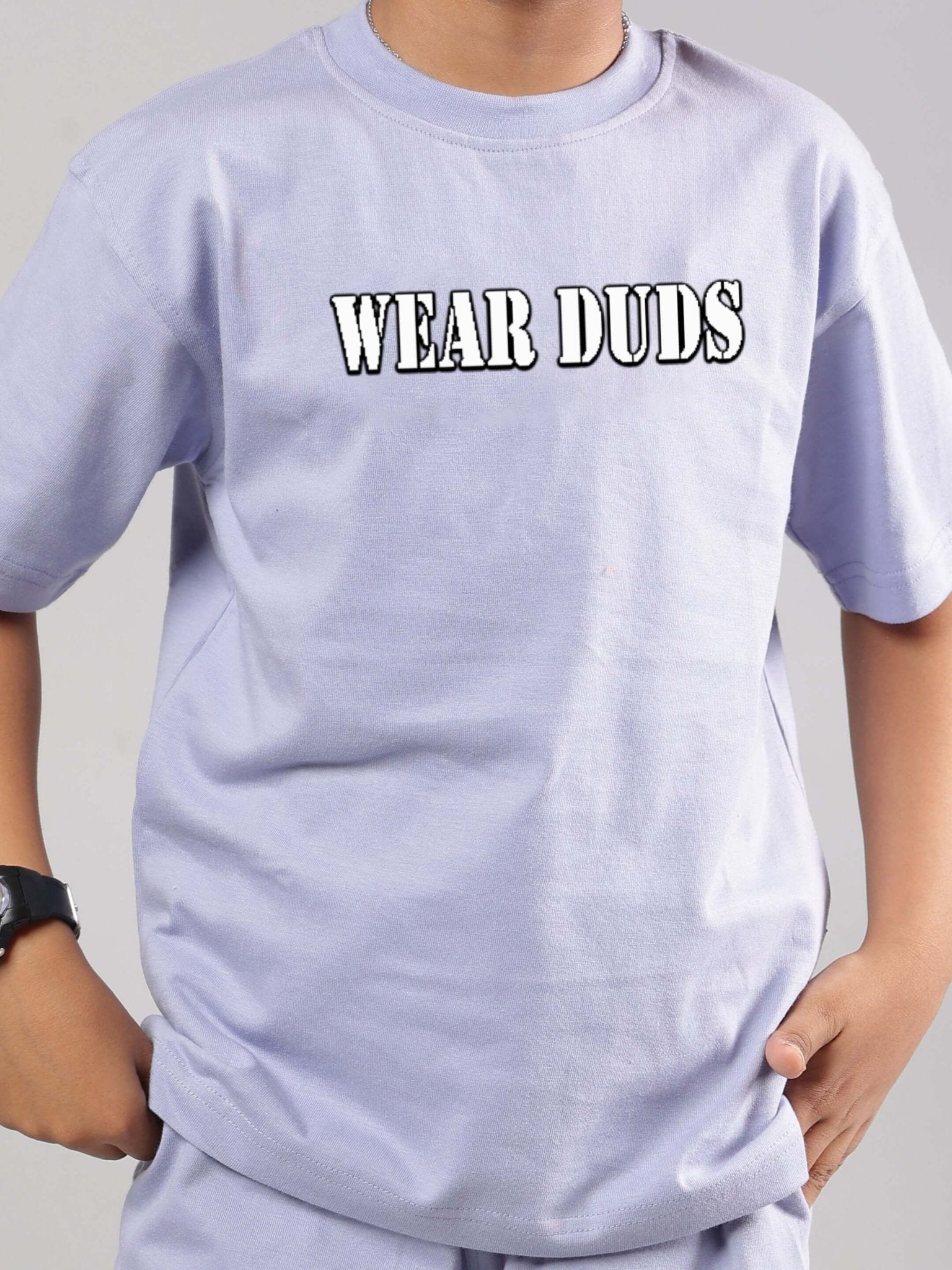 Child wearing Rapper Bunny T-Shirt for Kids Lilac with 'Wear Duds' print, showcasing a stylish and comfortable outfit.