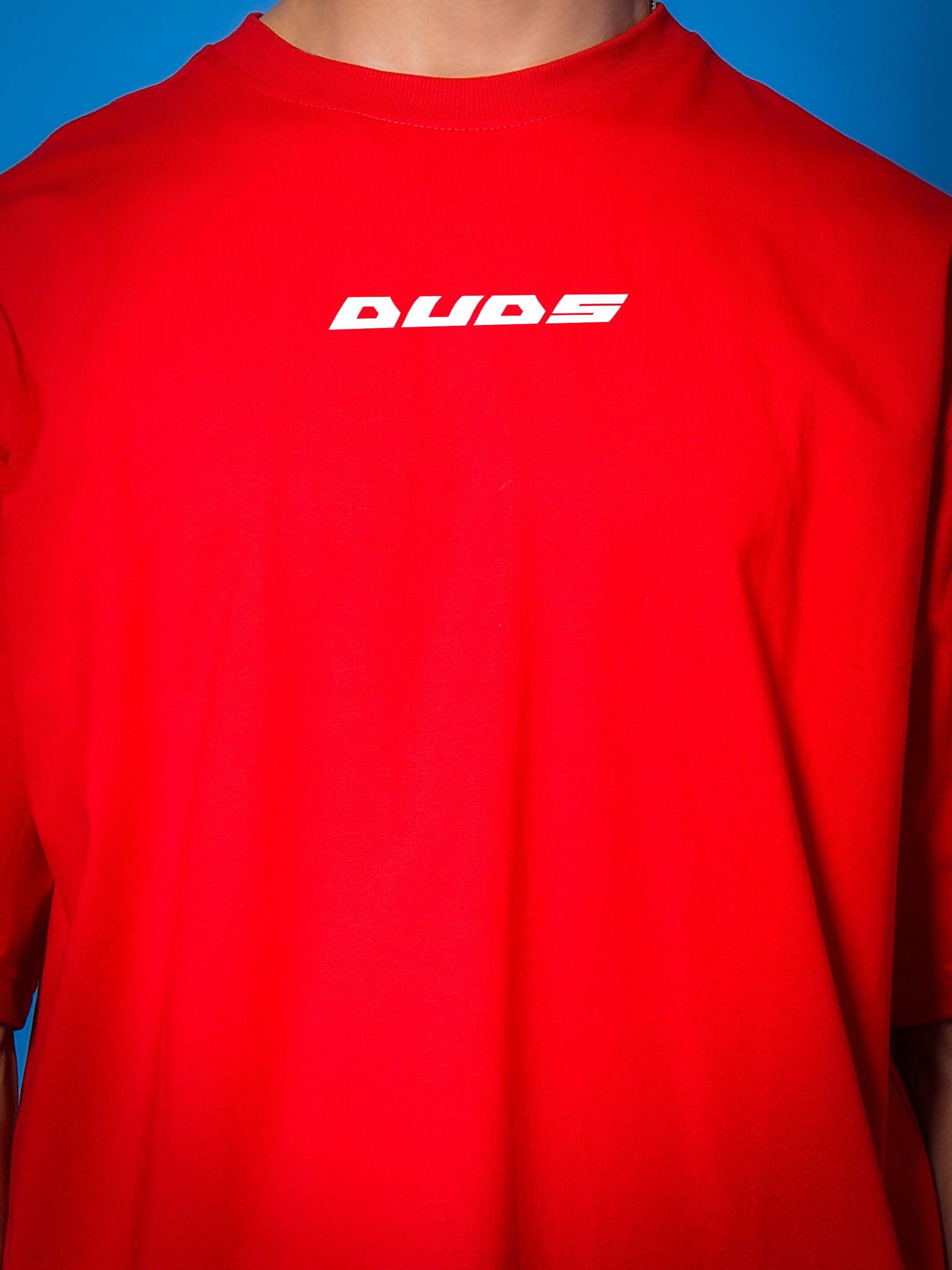 Red Victory over-sized t-shirt by DUDS, showcasing bold logo on chest, customizable fit available for prepaid orders.