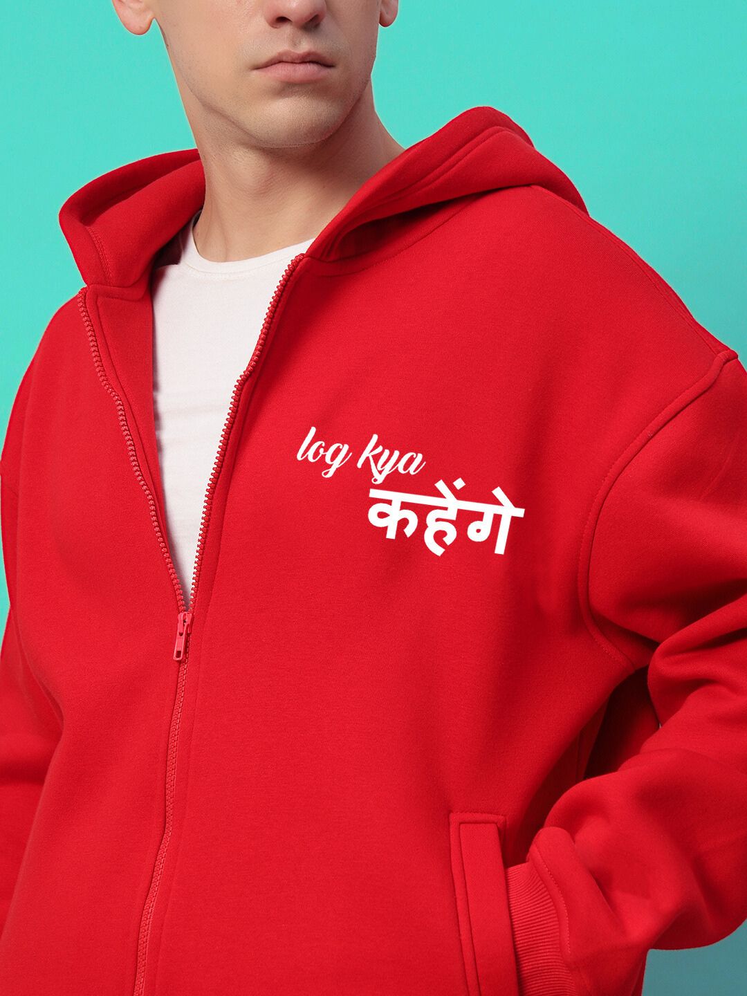 Model wearing A LOOK ATTITUDE FLEECE CO-ORD RED hoodie, featuring bold red color and stylish design with comfort for everyday wear.