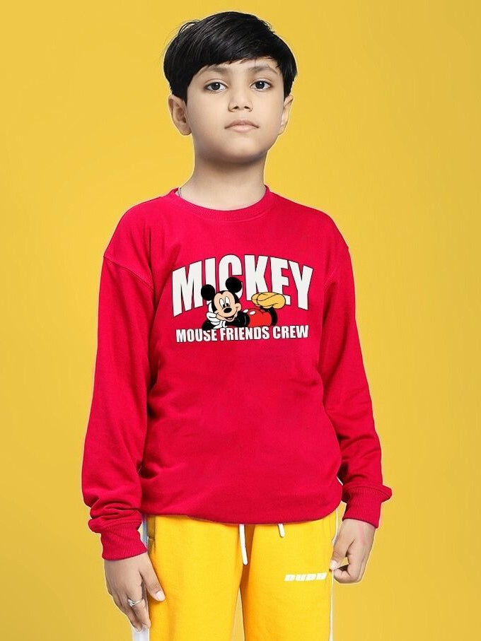 Child wearing FRIENDS CREW PRINT SWEATSHIRT FOR BOYS GIRLS RED against yellow background.