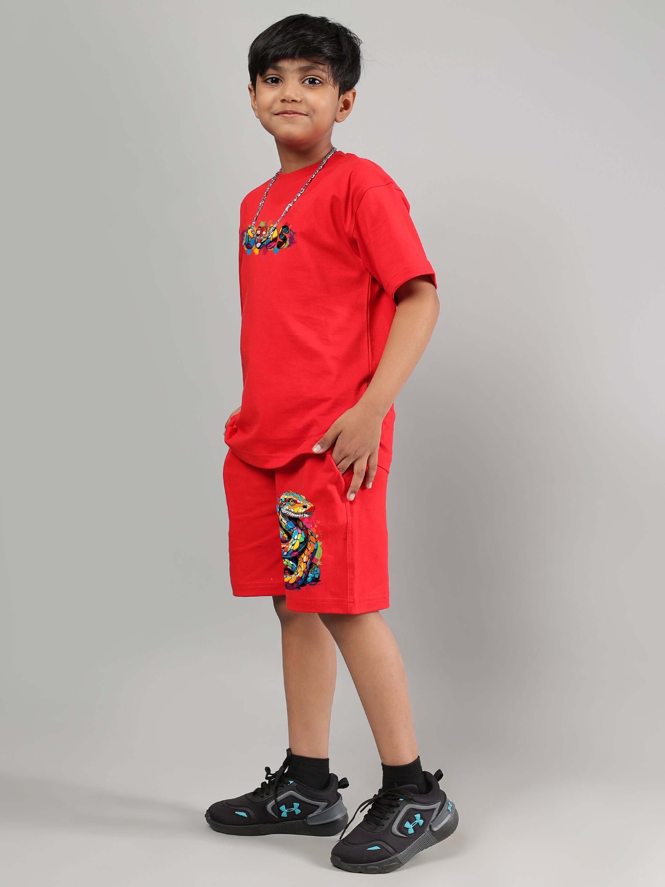 Child wearing red snake skin outfit for boys and girls, featuring custom fit option for personalized size by DUDS.