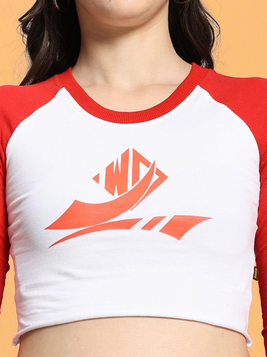 Red and white women's top with graphic print, featuring red sleeves, made from premium cotton and terry fabric.