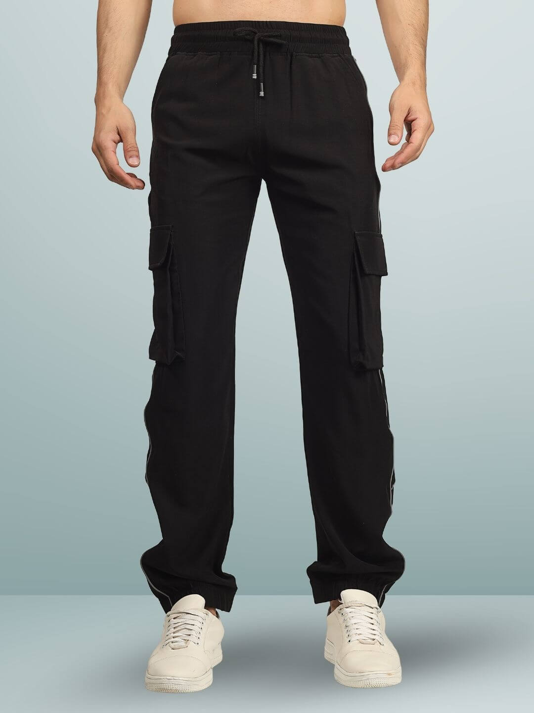 Black Reflector Cargo Pants 2.0 featuring multiple pockets, customizable fit, and a comfortable design for versatile styling.