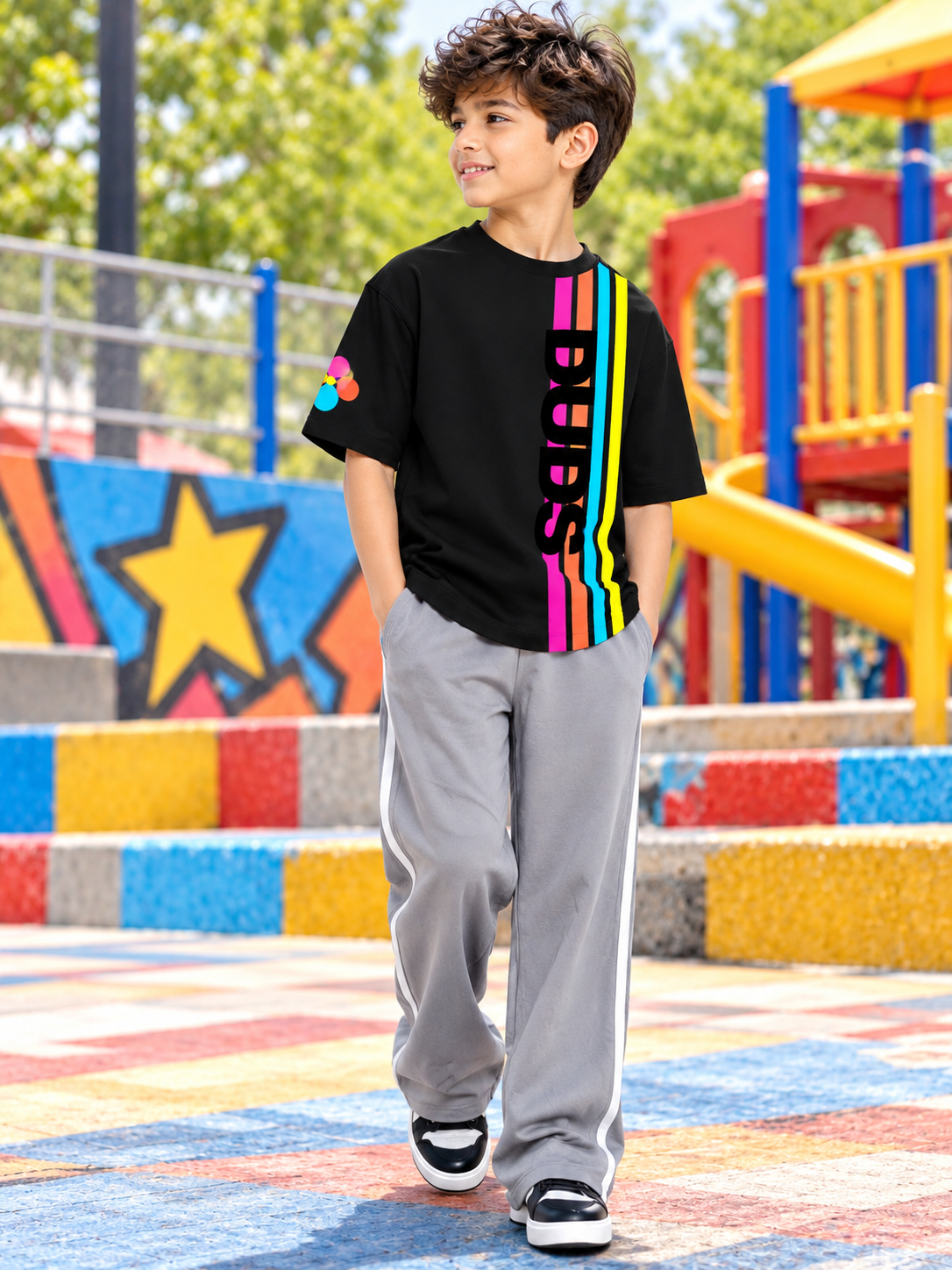 RETRO STRIPES OVERSIZED T-SHIRT BLACK KIDS BLACK