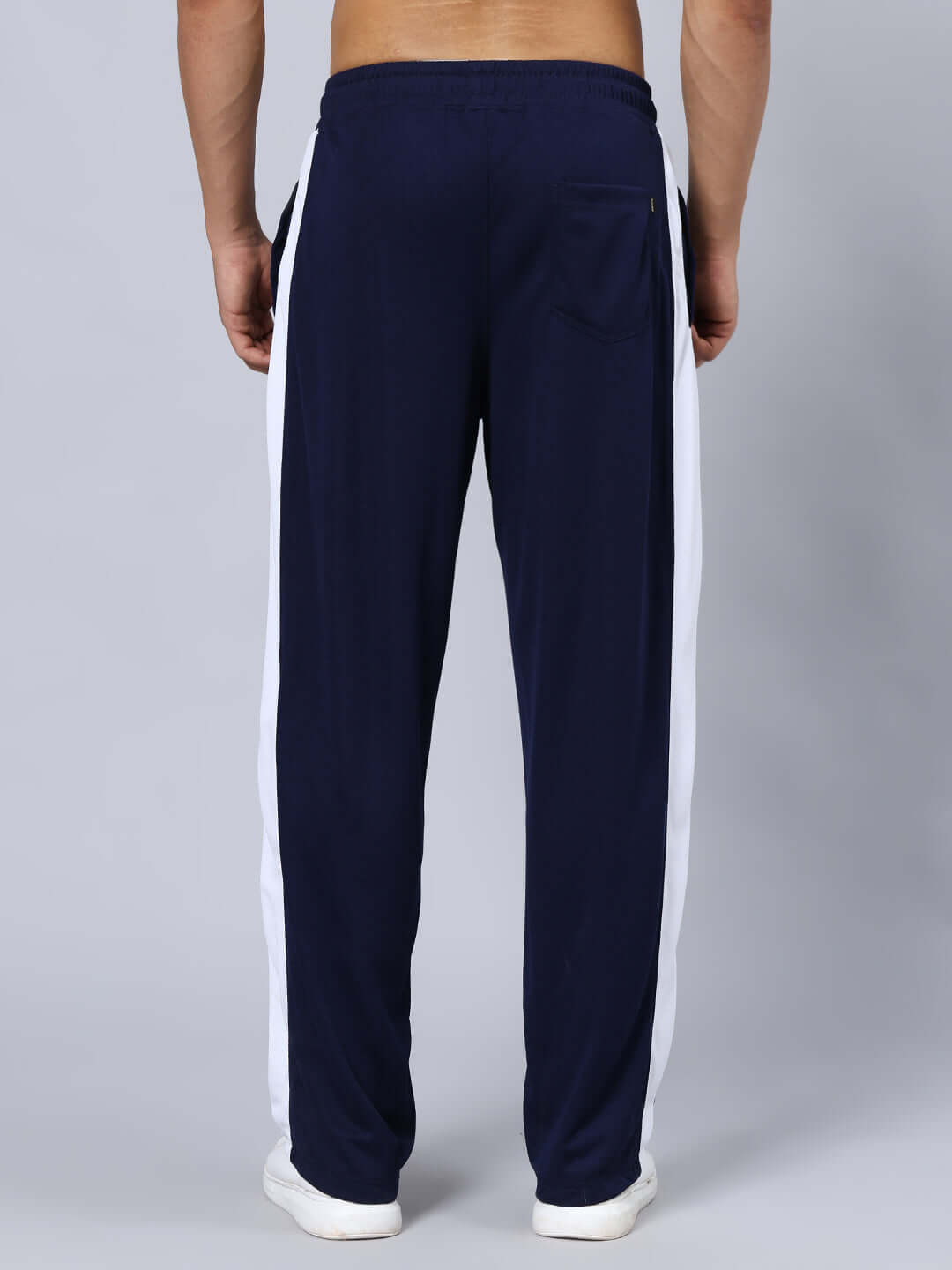 Back view of RICH PRIME SIDE STRIPE JOGGERS NAVY BLUE with white side stripes, customizable fit option available, ideal for comfort and style.