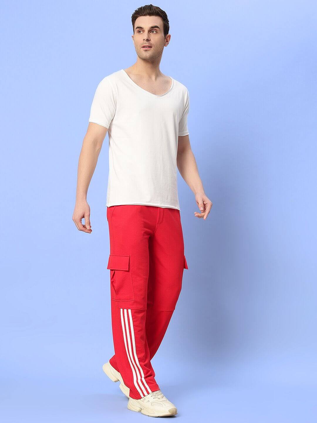 Unisex Relaxed Fit Co-ord Set in White and Red, featuring joggers with elastic waistband and drawstring for a customizable fit.