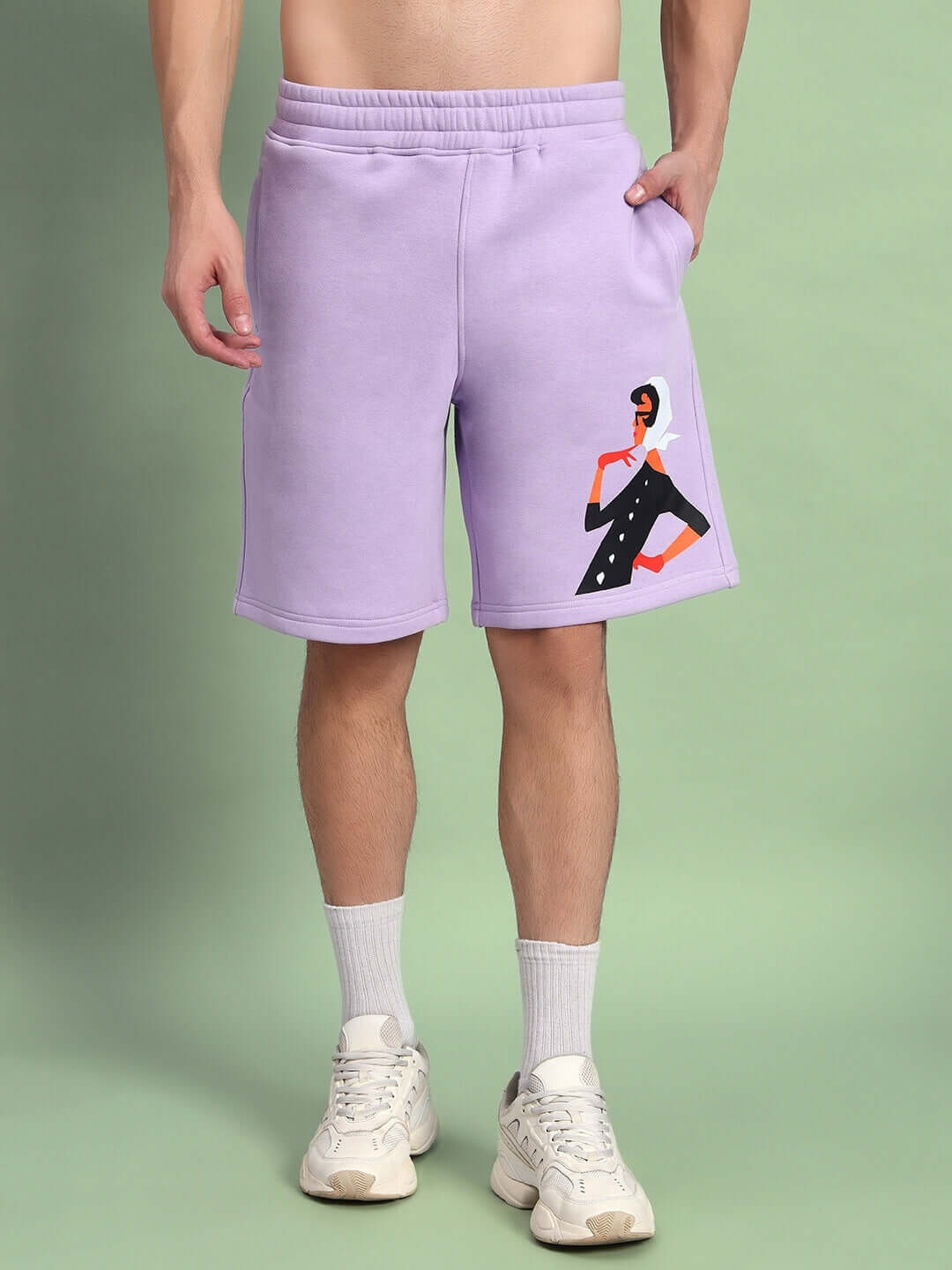 Man wearing WEARDUDS RITZY FLEECE SHORTS LILAC with artwork, offering custom fit options for prepaid orders, front view.