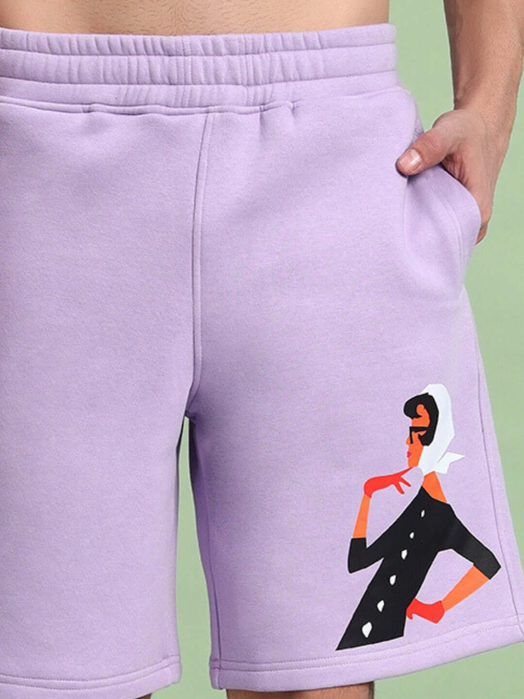 WEARDUDS RITZY FLEECE SHORTS LILAC with custom fit option, showing front design details
