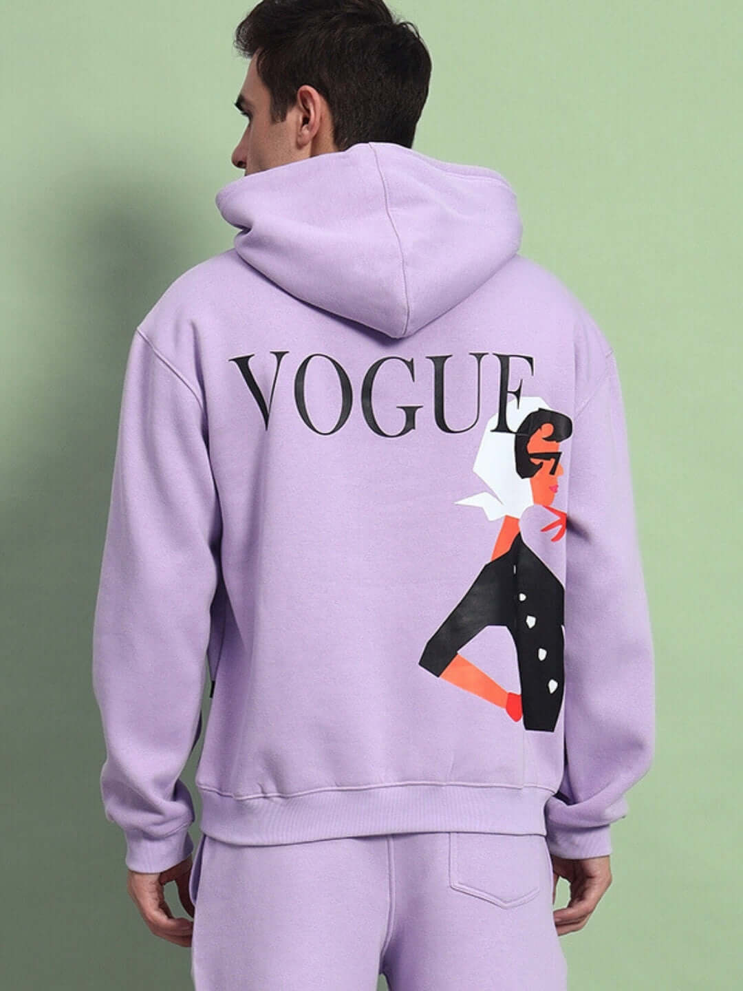 WEARDUDS RITZY FLEECE HOODIE LILAC with graphic on back, unisex design, made to order, view against green background