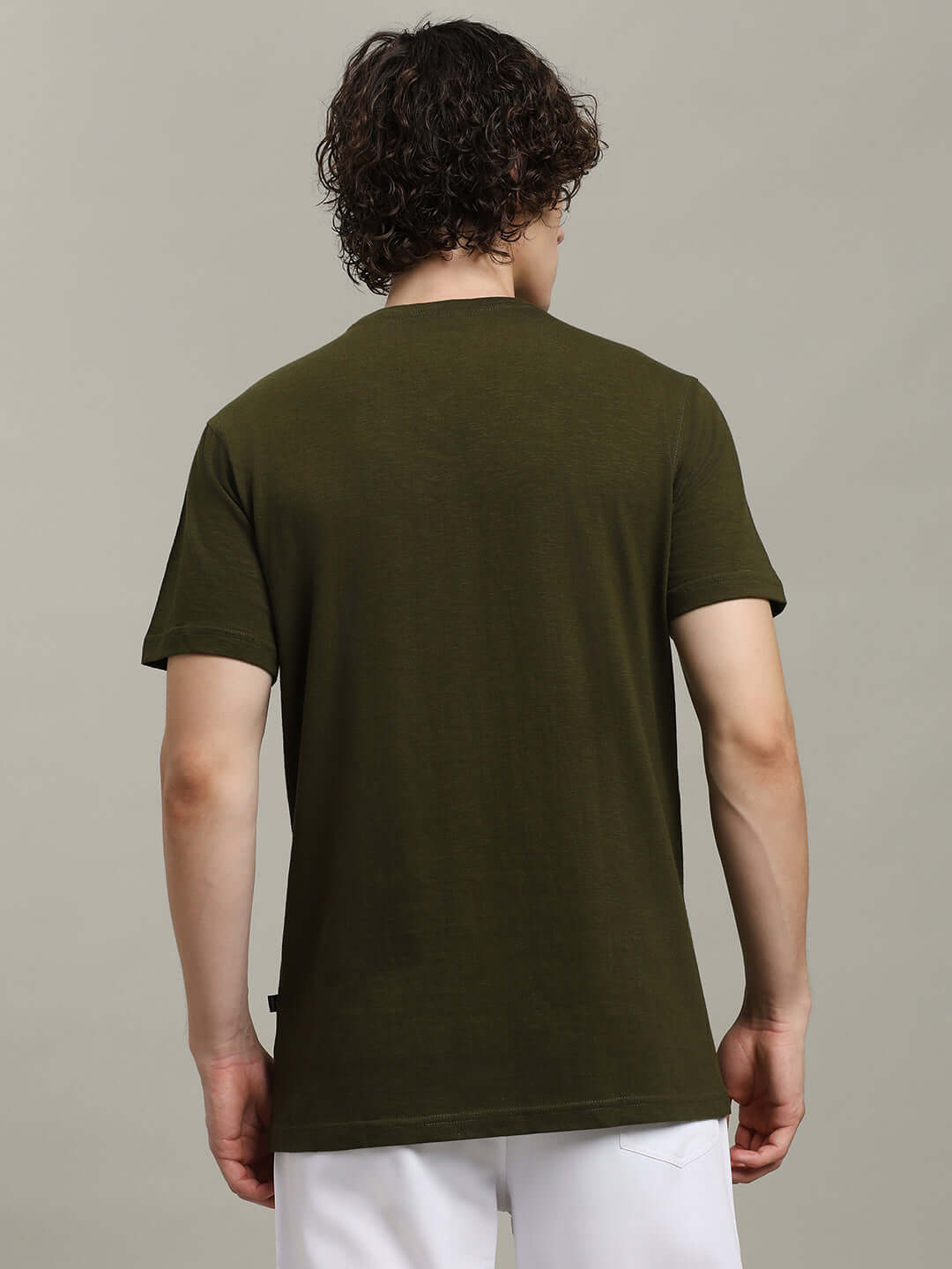 Back view of olive green ROBAR regular fit T-shirt made from 100% cotton slub fabric.