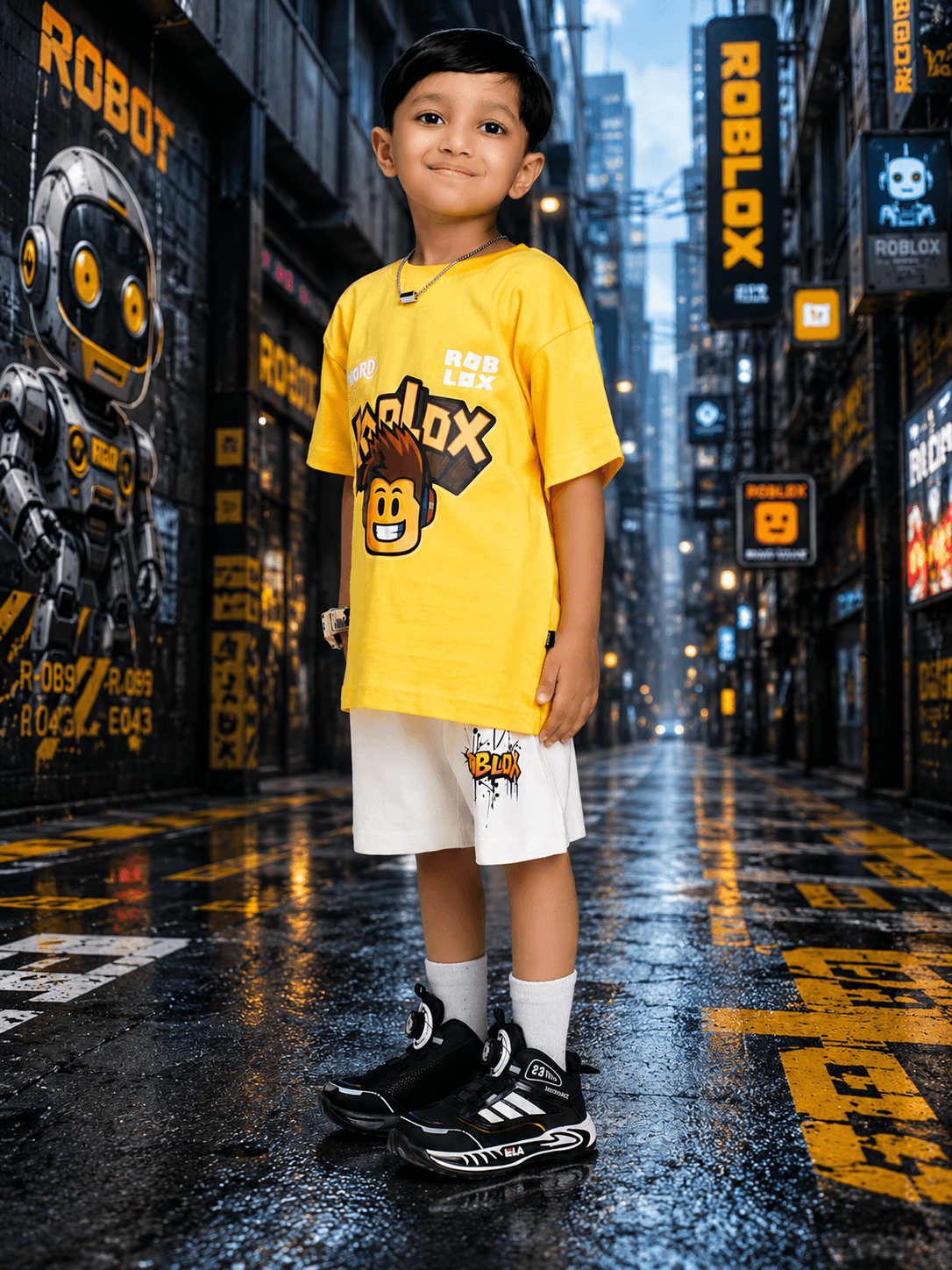 Child wearing ROBLOX RUSH GRAPHIC CO-ORD SET FOR BOYS GIRLS YELLOW WHITE in a city street setting.