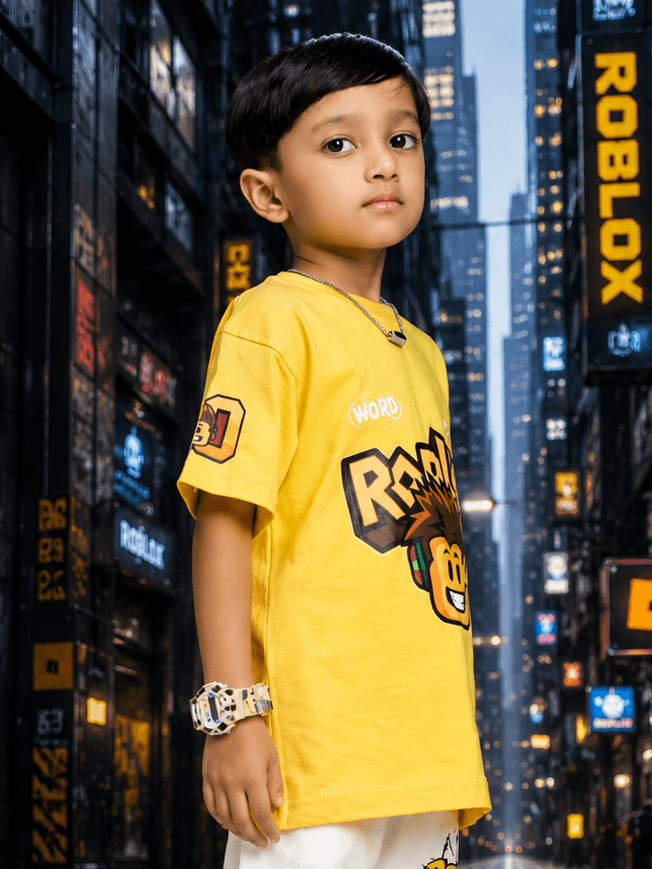 ROBLOX RUSH T-SHIRT FOR BOYS GIRLS SKY YELLOW worn by a child in a cityscape background.