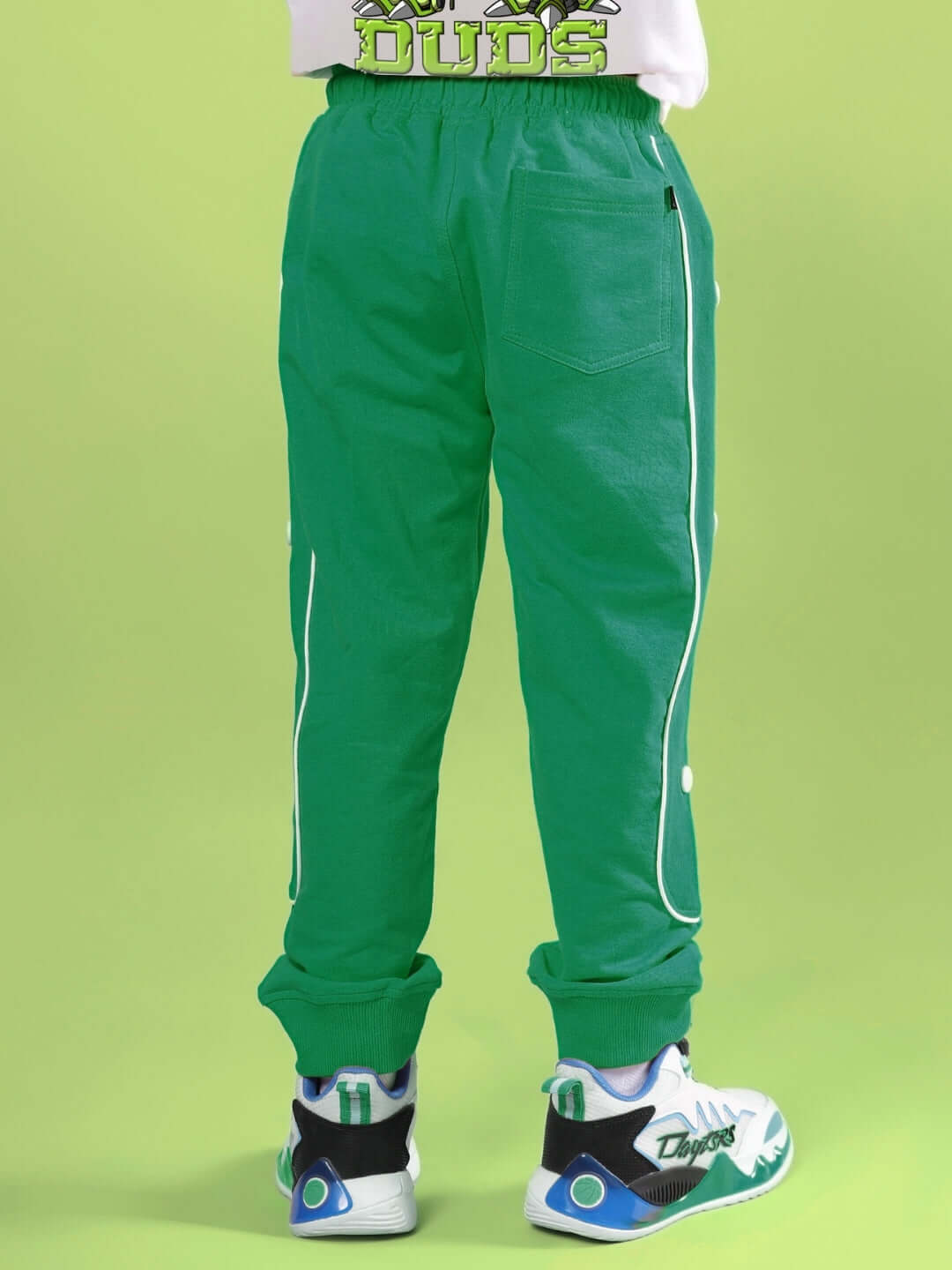 Back view of green pants from ROBO REX CO-ORD FOR BOYS & GIRLS WHITE-GREEN set by DUDS